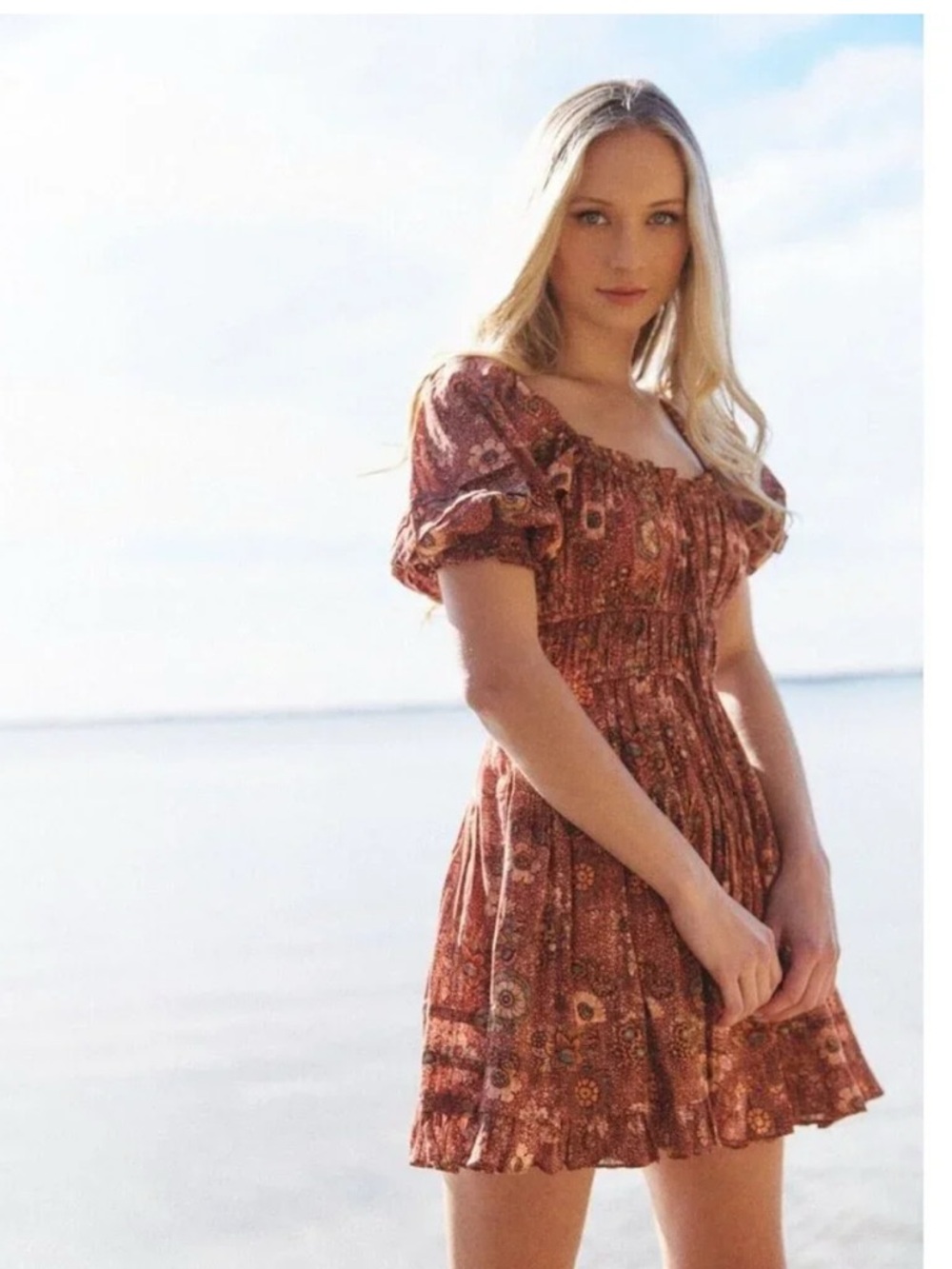 Ulla Johnson Rust Floral Square-Neck Puff Sleeve Mini Dress